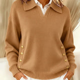 Catherine | Pull col polo camel à boutons dorés
