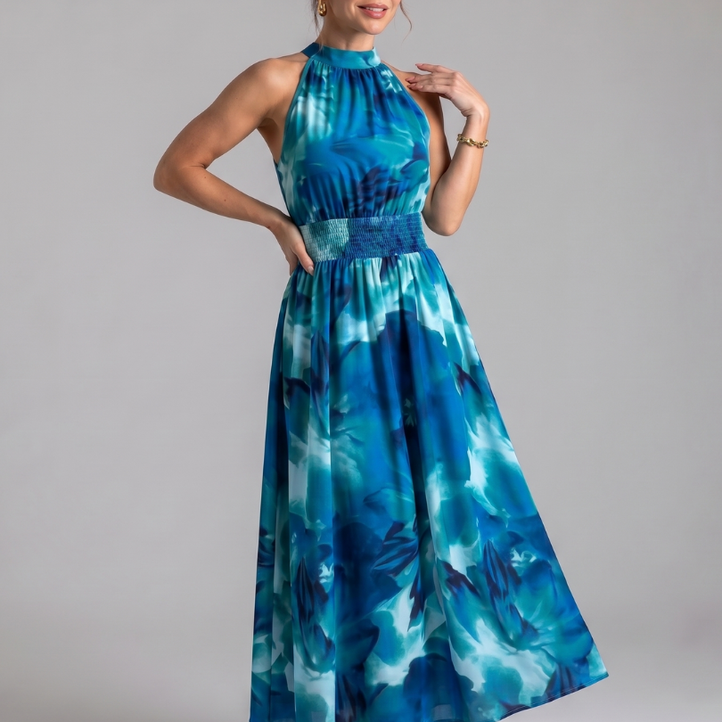 Olivia | Robe midi avec taille froncée et imprimé abstrait