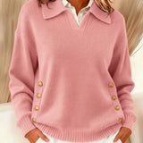 Catherine | Pull col polo camel à boutons dorés