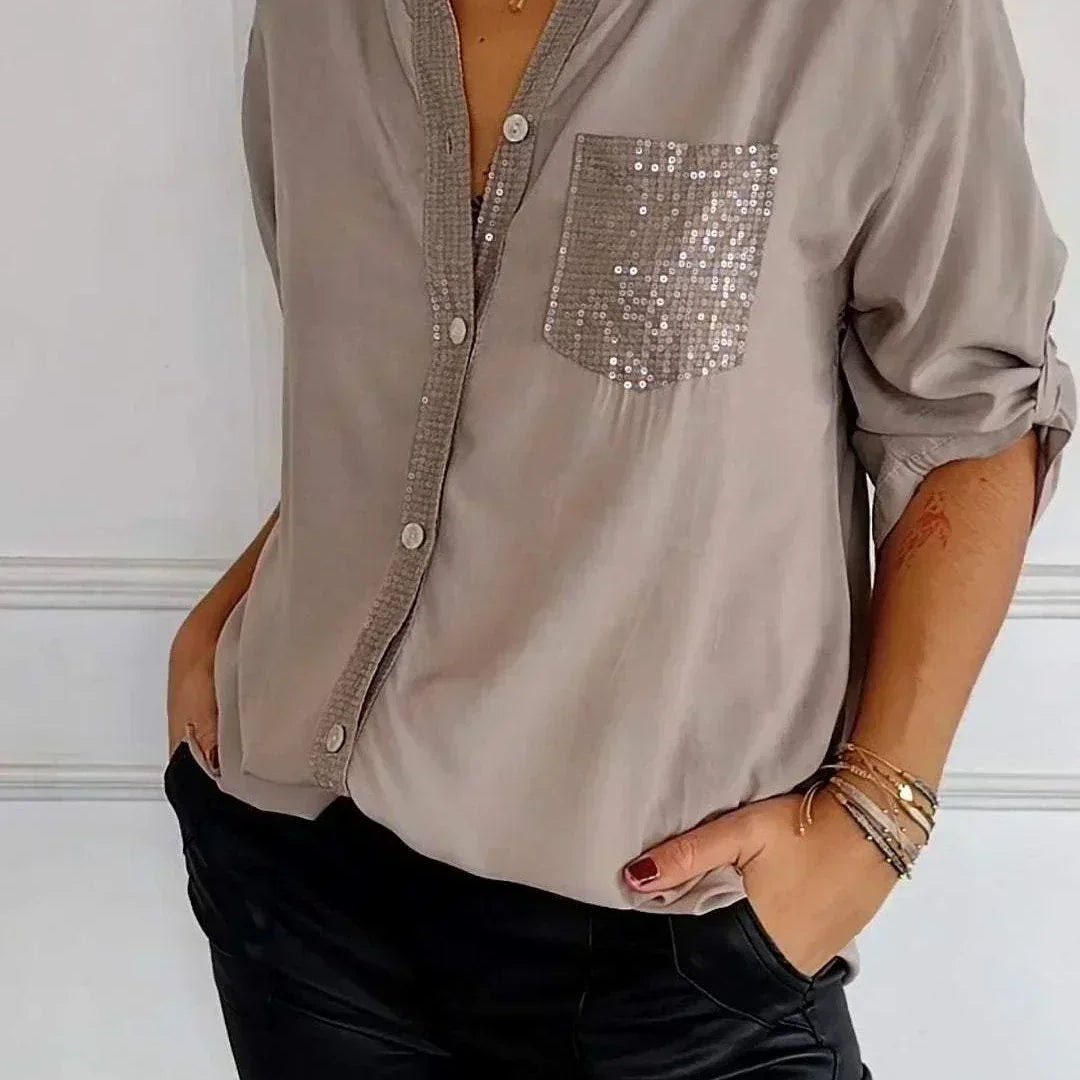 Jasmine | T-shirt élégant à col en V avec des sequins scintillants pour femmes