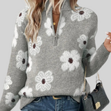 Fabienne | Pull en maille torsadée florale col zippé