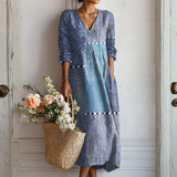 Françoise | Robe longue en patchwork bleu