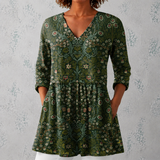 Julie | Blouse longue en lin avec motif de tapisserie botanique