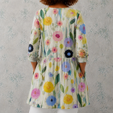Louise | Blouse longue en lin avec motif floral peint à la main sur des tiges