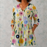 Louise | Blouse longue en lin avec motif floral peint à la main sur des tiges