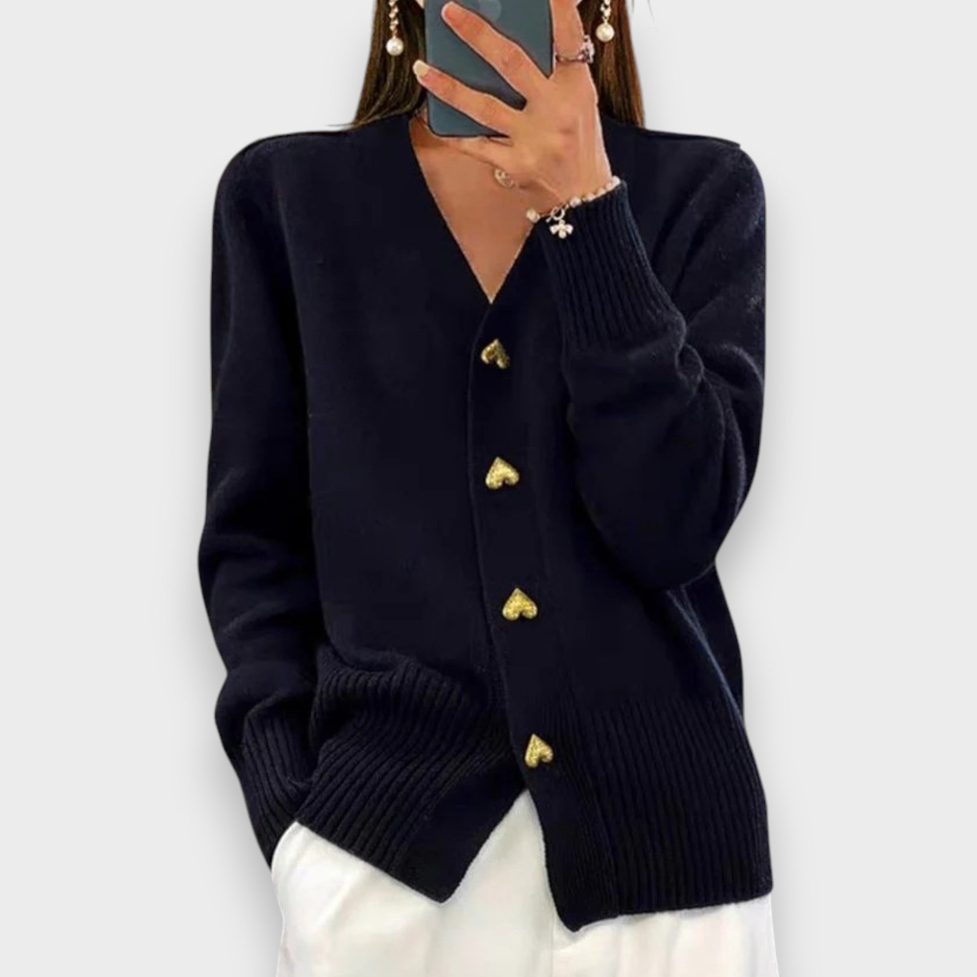Isabelle | Cardigan à Boutons Cœur Dorés