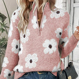 Fabienne | Pull en maille torsadée florale col zippé