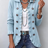 Cecilia | Veste en tricot côtelé bleu poudre à volants